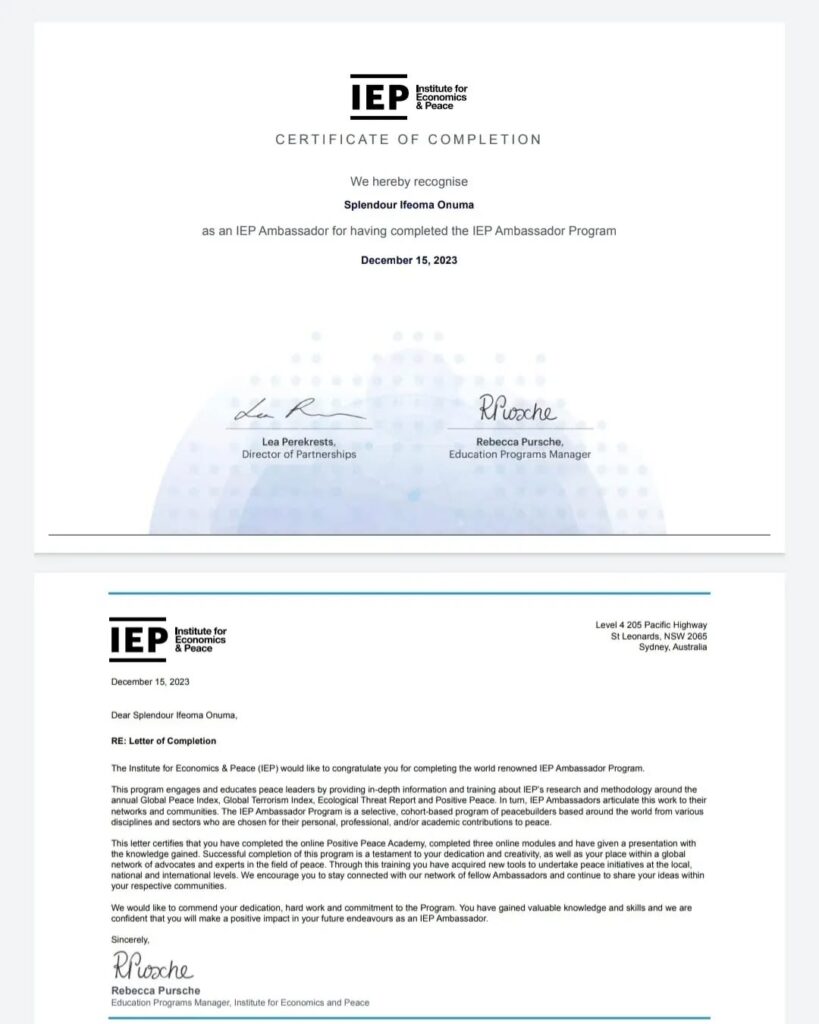 SDYEEI Founder Recognized as Global Peace Ambassador by the Institute for Economics & Peace (IEP)